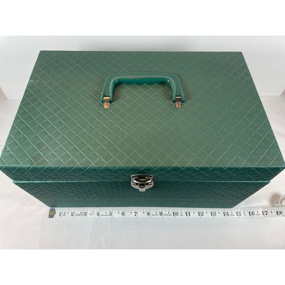 Vintage Green Quilted Vinyl Sewing Box with Tray Drawer 1950s/60s Case w/ Handle - Picture 6 of 14